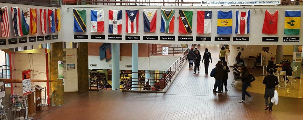 Multiple national flags at York College's atrium